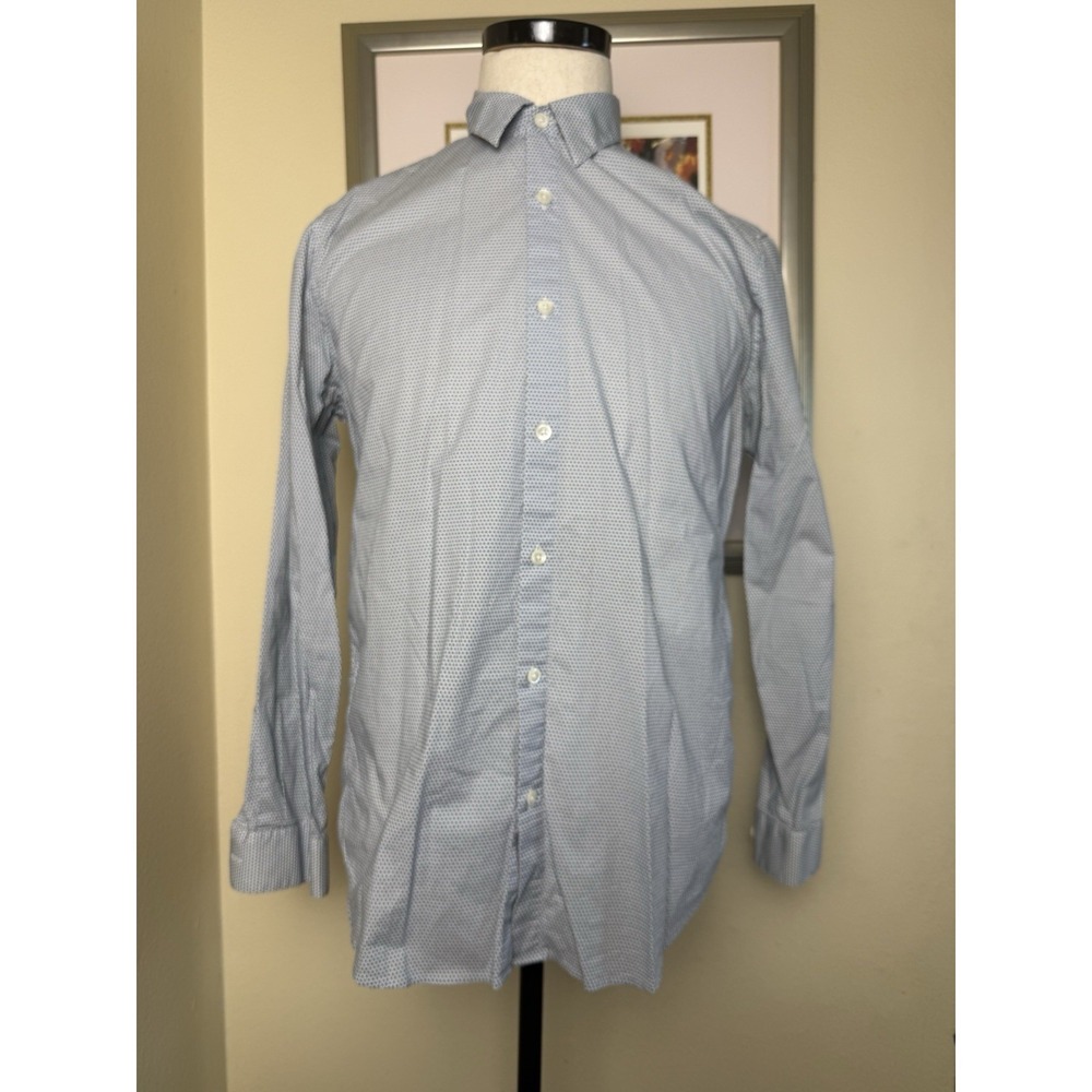 THEORY Button‎ Up Shirt Geometric Print Long Sleeve | Blue | Mens Medium